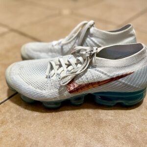 Nike White Flyknit VaporMax Sneakers with Copper Swoosh and Teal Sole